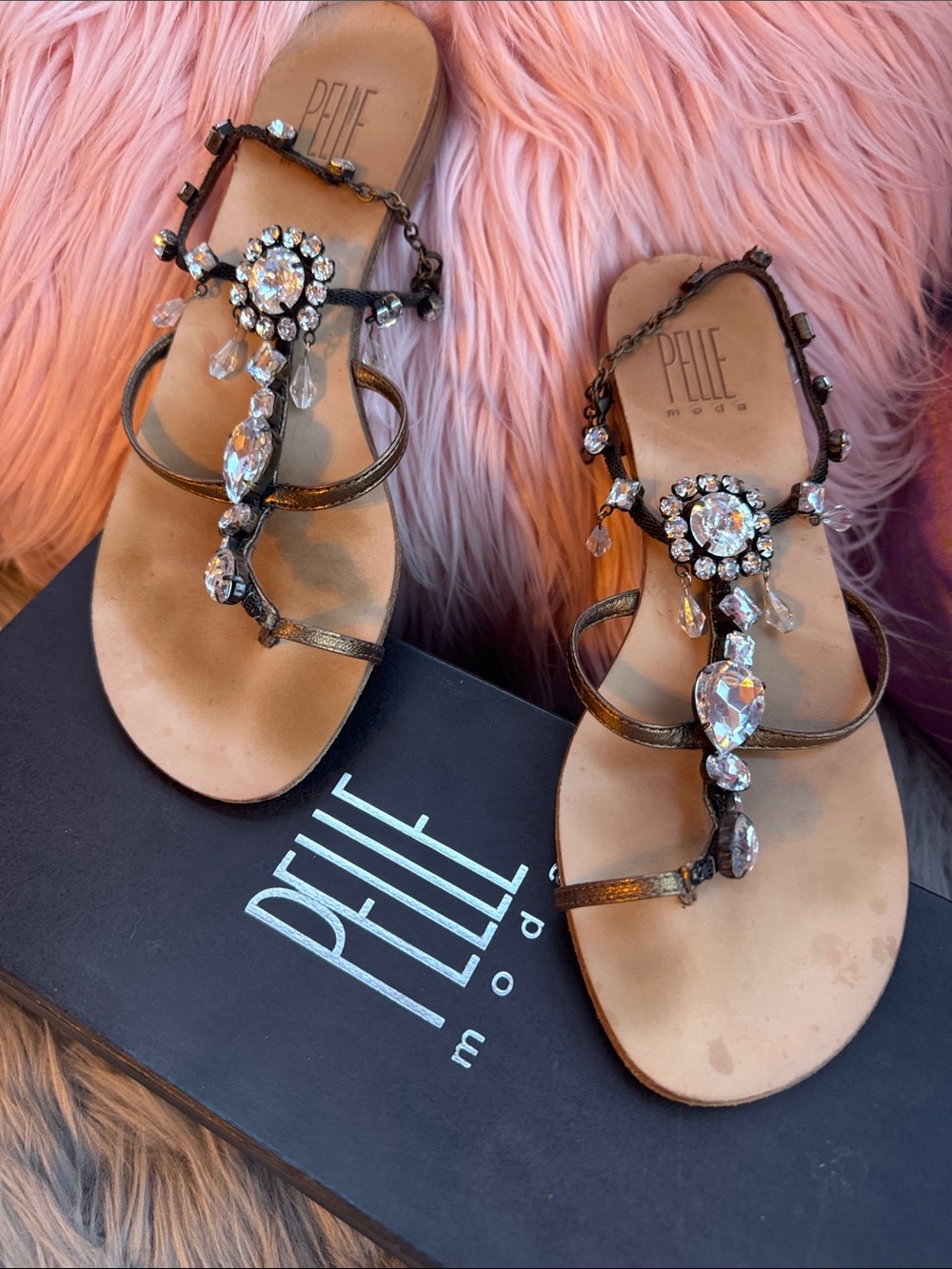 Pelle Moda Bronze Jeweled T-Strap Sandals